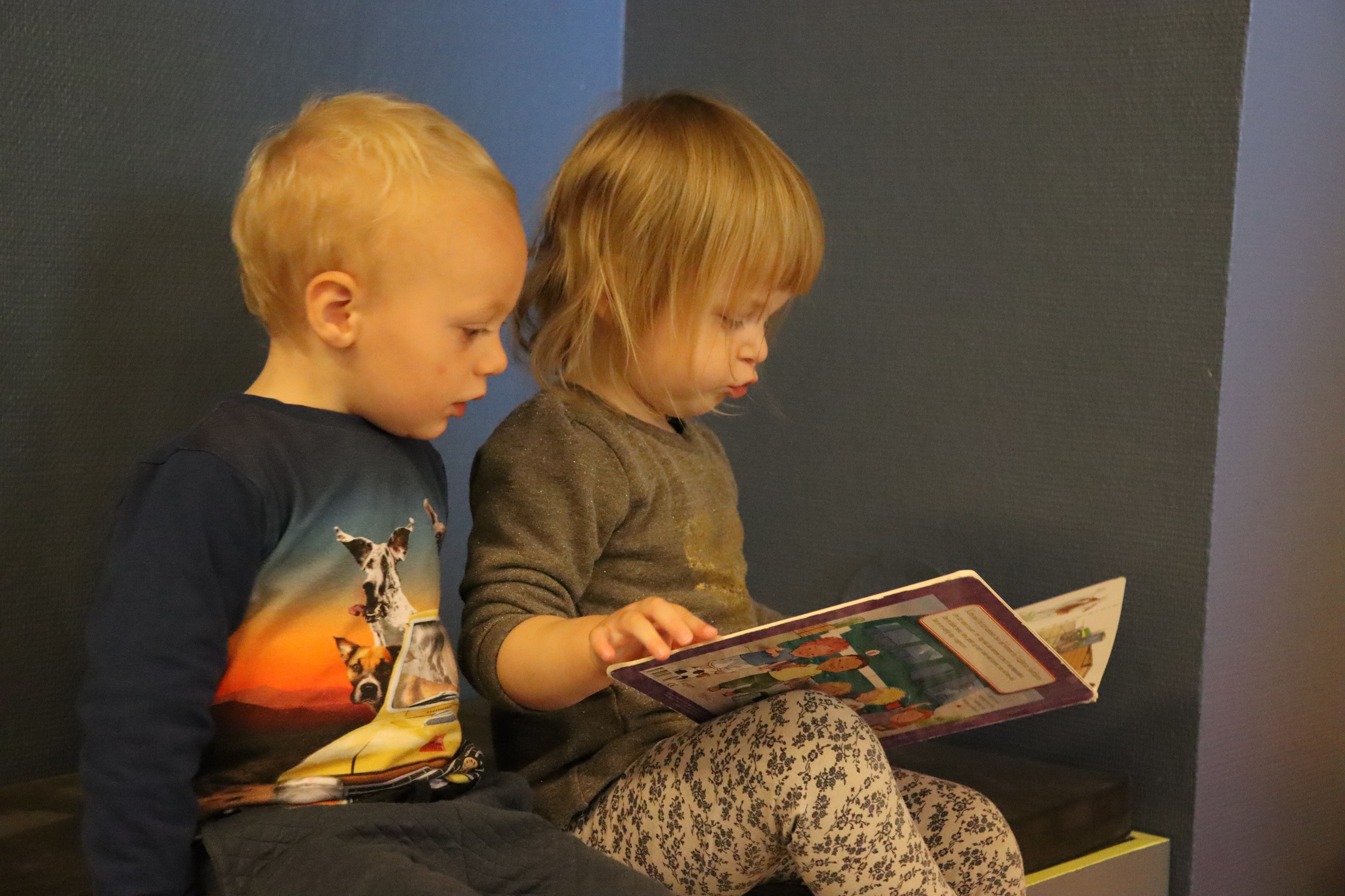 To vuggestue børn læser bog